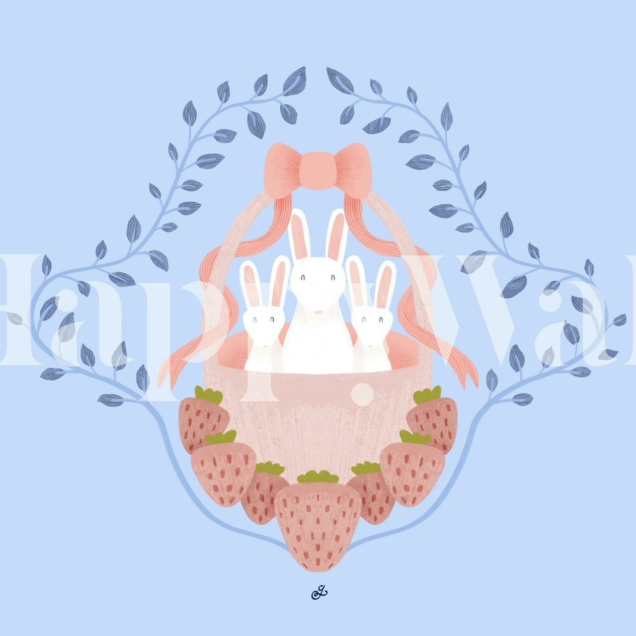 Bunnies and strawberries in a pastel basket wallpaper