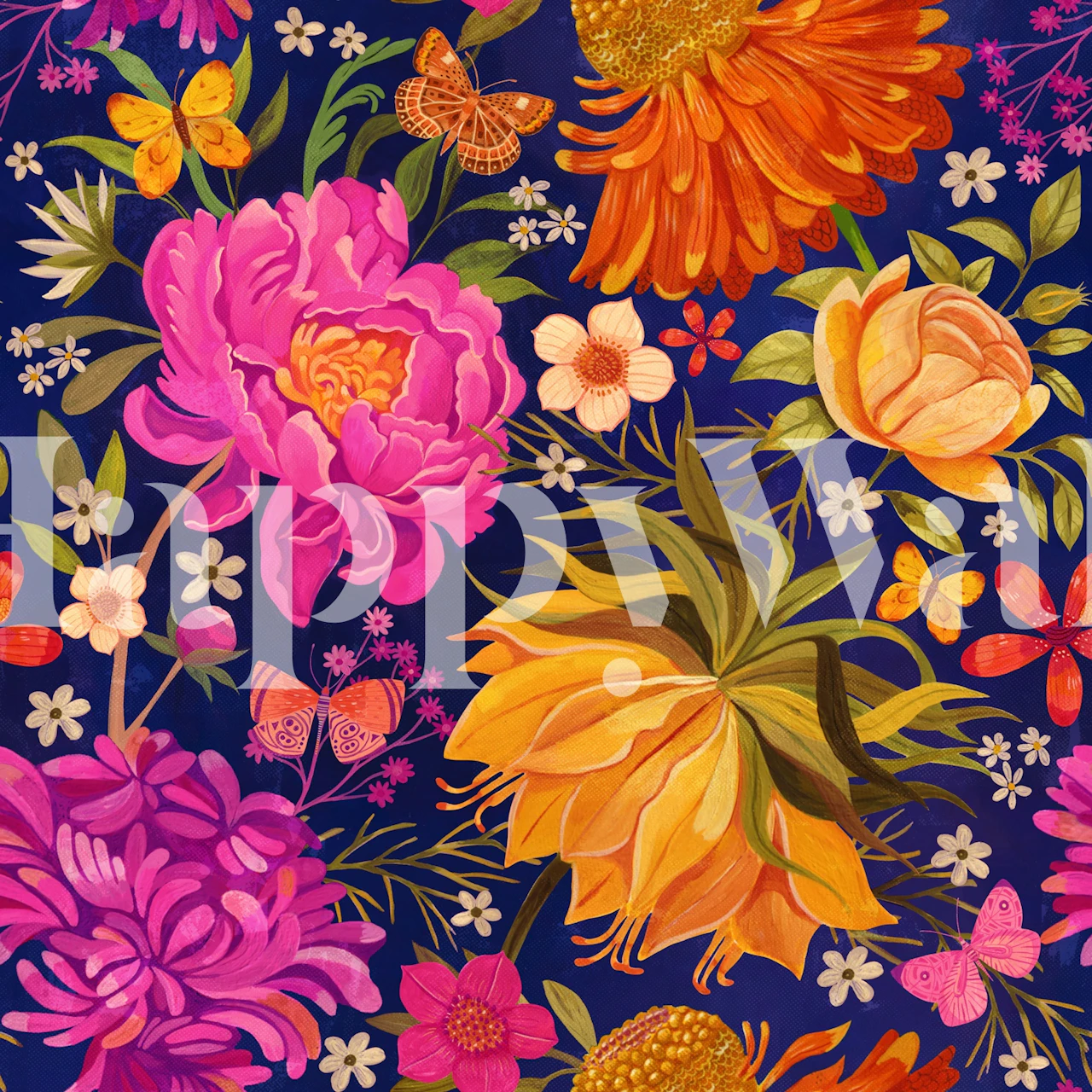 Colorful floral wallpaper with pink, orange, and yellow flowers on a dark blue background