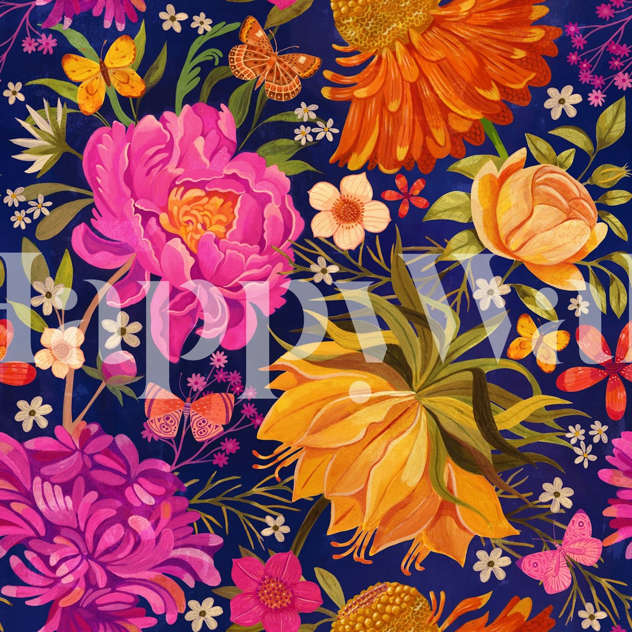 Colorful floral wallpaper with pink, orange, and yellow flowers on a dark blue background