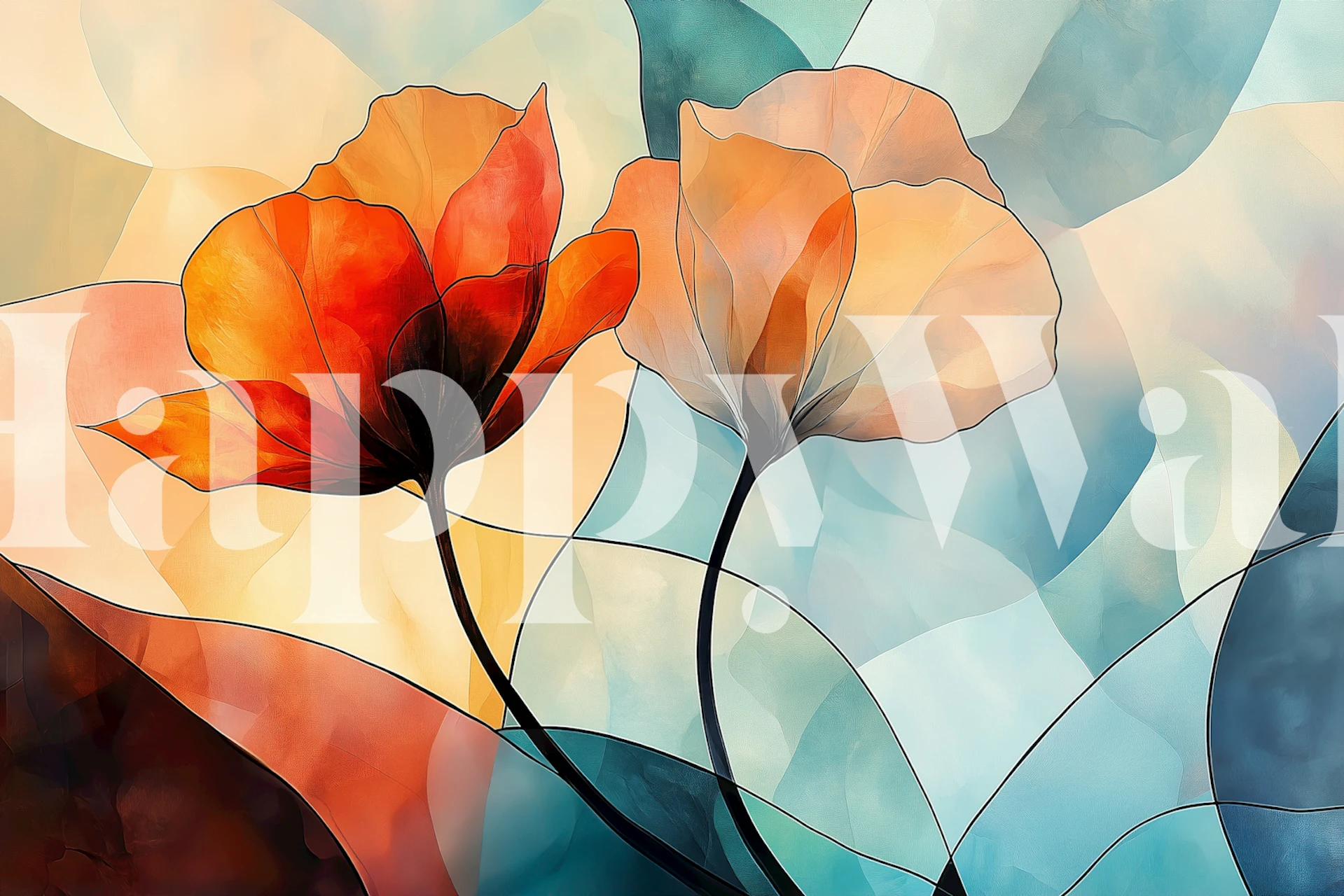 Colorful abstract floral design in orange and white wallpaper