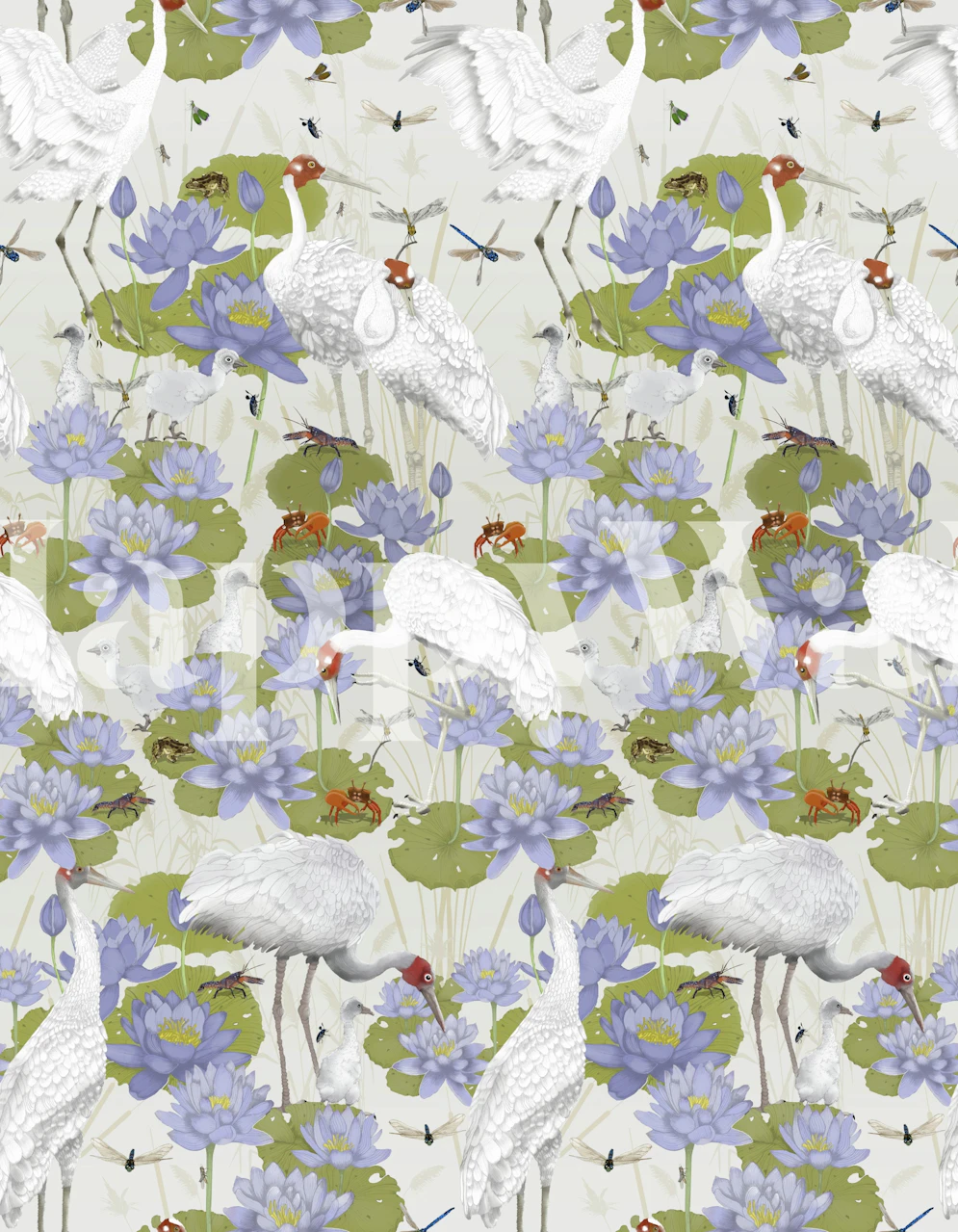 Cranes and water lilies in shades of blue and green wallpaper