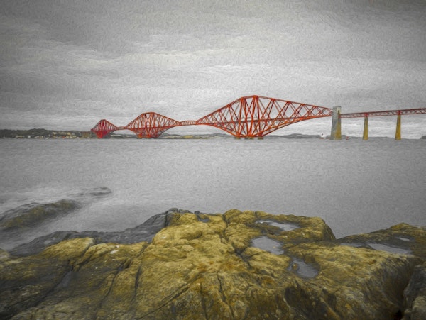 Red Bridge Over Tranquil Water