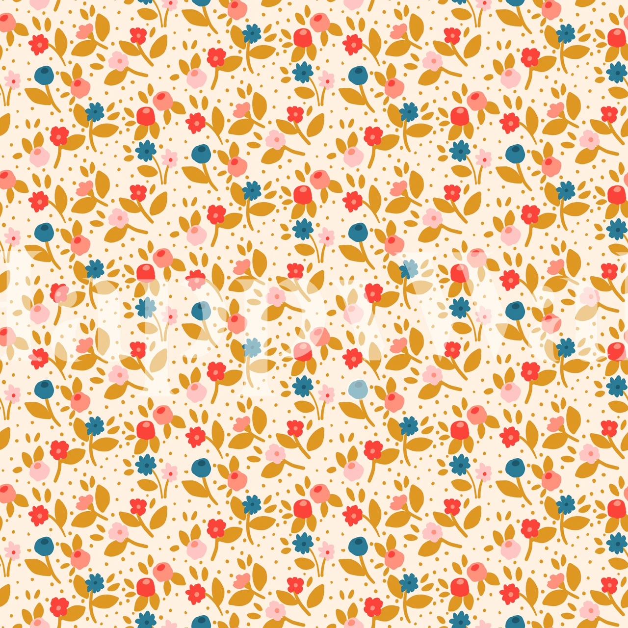 Colorful floral and foliage pattern on yellow background wall mural