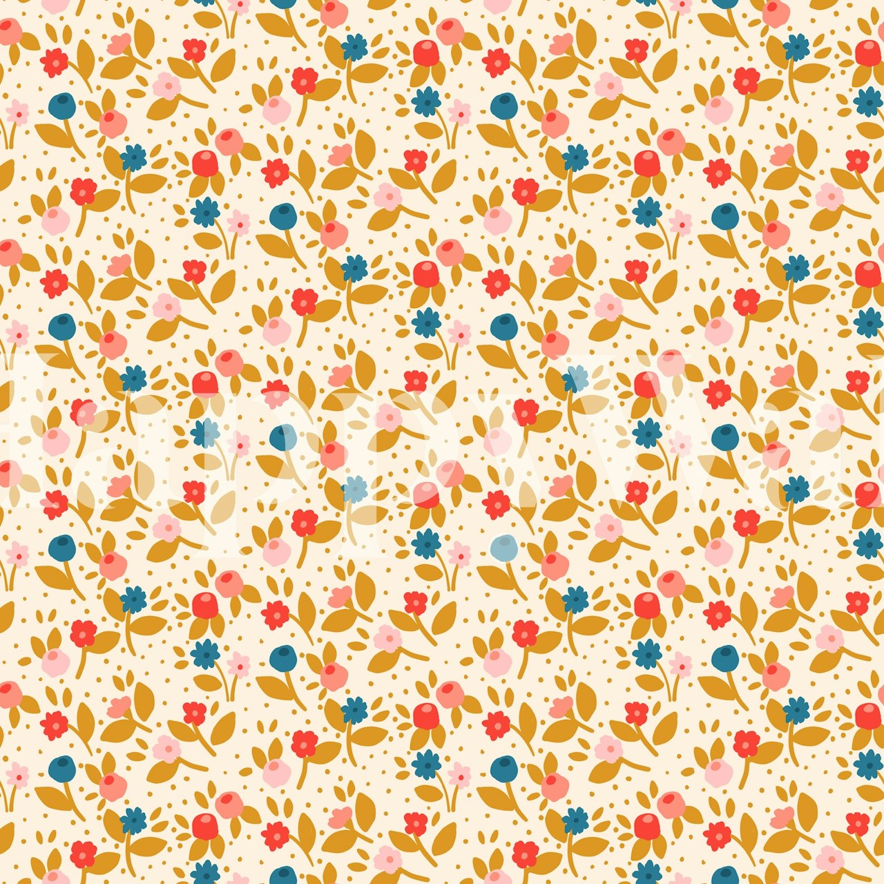 Farverigt blomster- og løvmønster på gul baggrundsvægmaleri