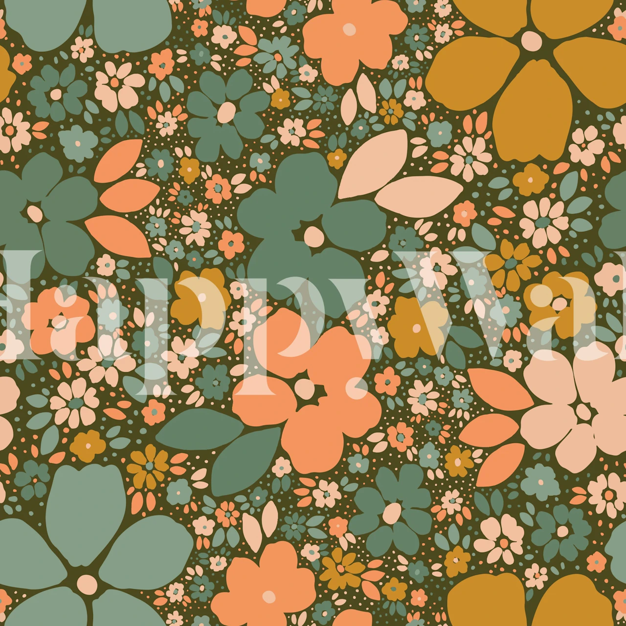 Retro bloemenpatroon in groen, oranje en roze wallpaper