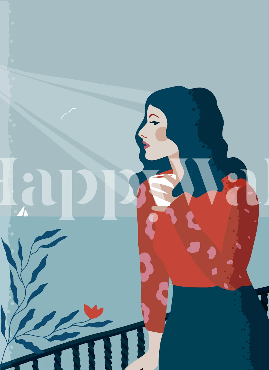 Woman in red floral top gazing at ocean view with blue tones wallpaper