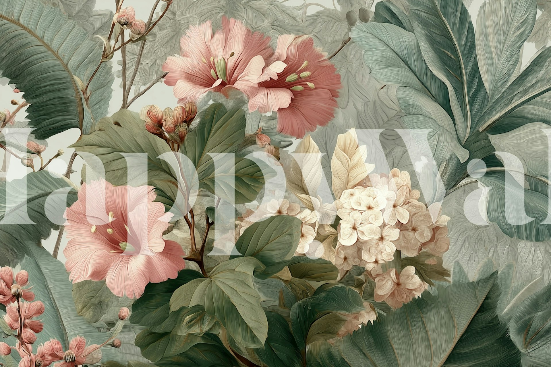 Tropisches Blumenmuster in Pastelltönen und grünen Blättern. Botanischer Wandmural.