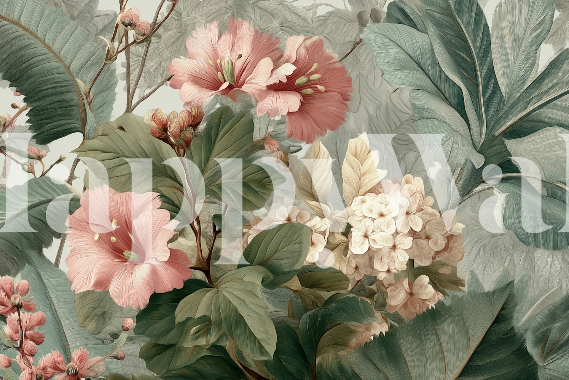 Tropical floral wallpaper in a styled room