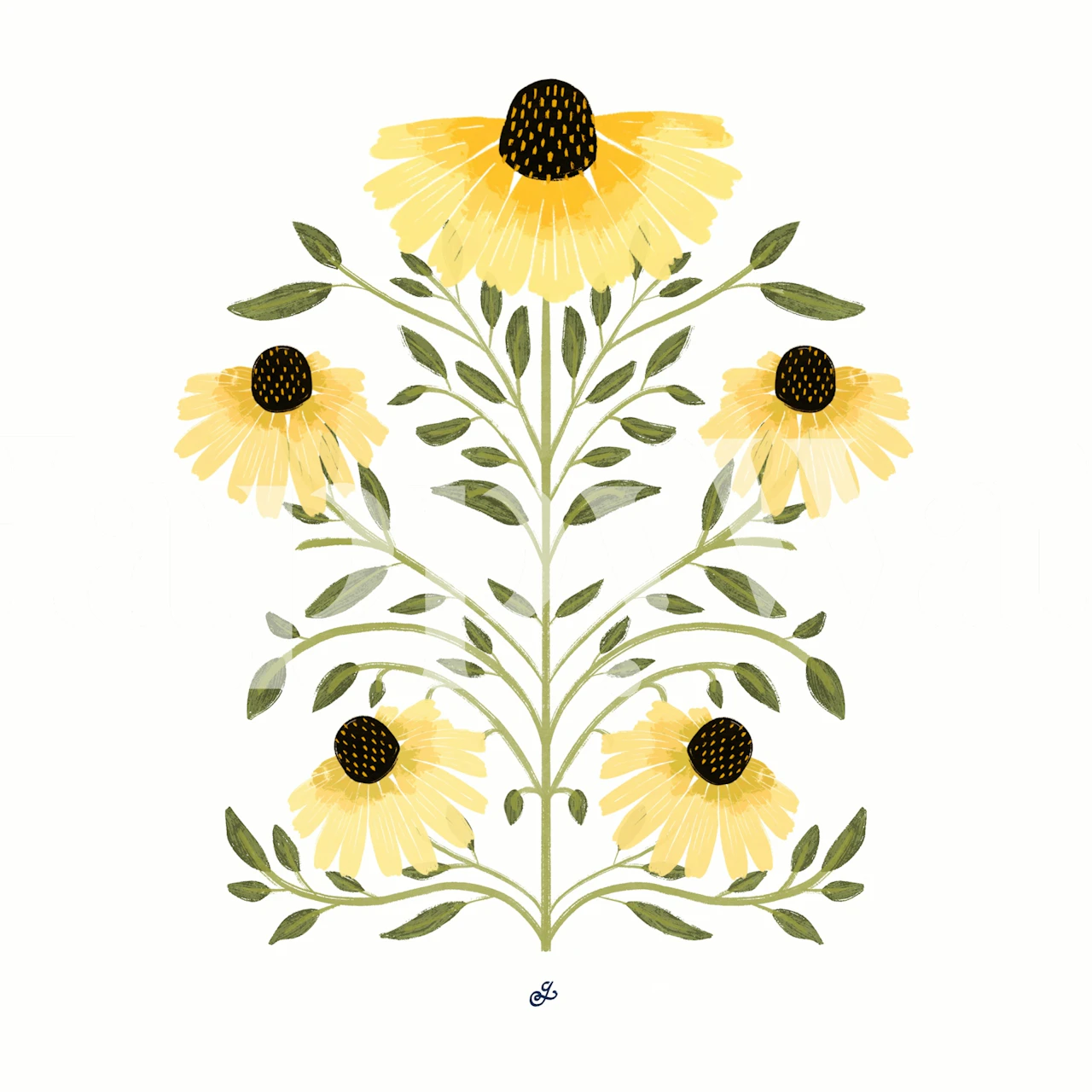 Yellow floral design wallpaper with green leaves