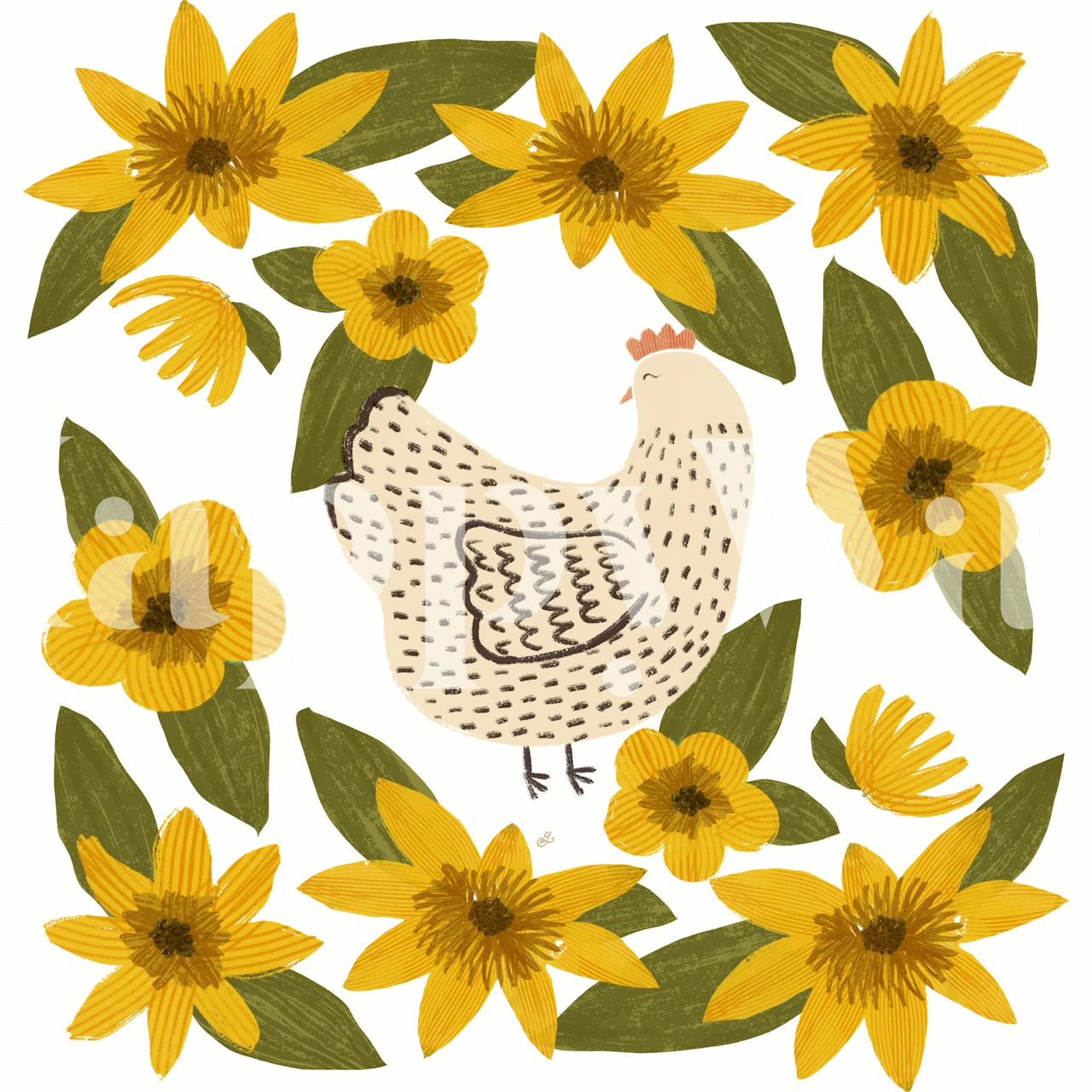 Chicken surrounded by yellow sunflowers and green leaves wallpaper