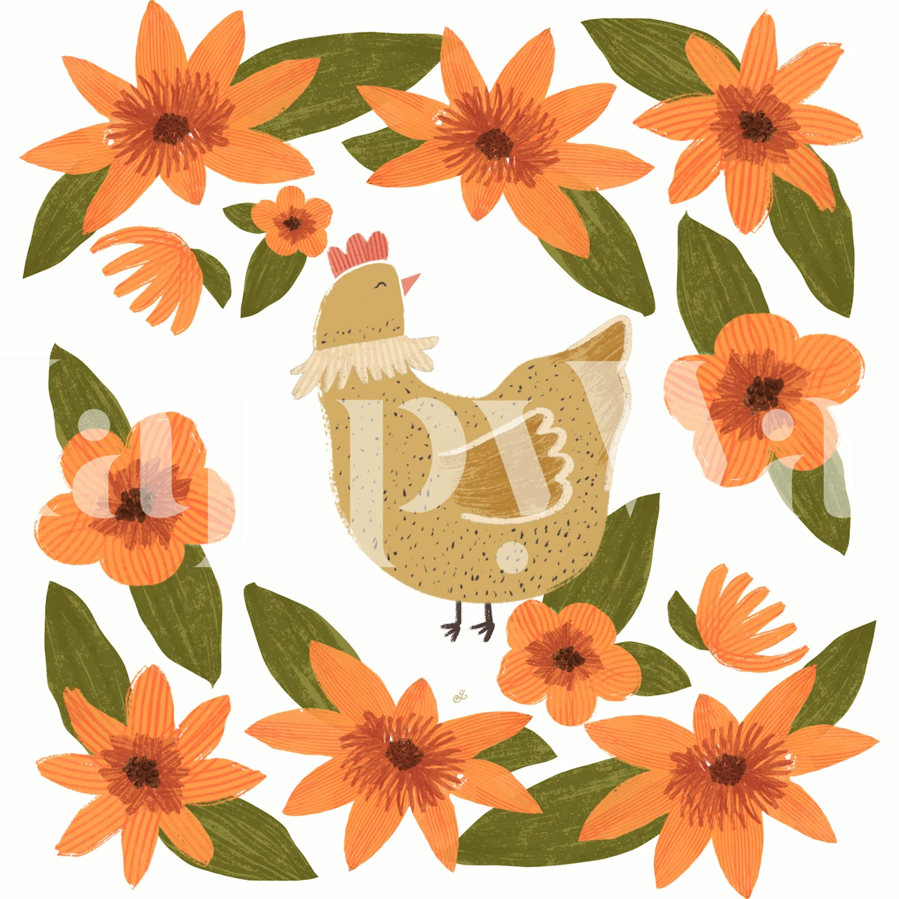 Chicken and orange flowers on white background wallpaper