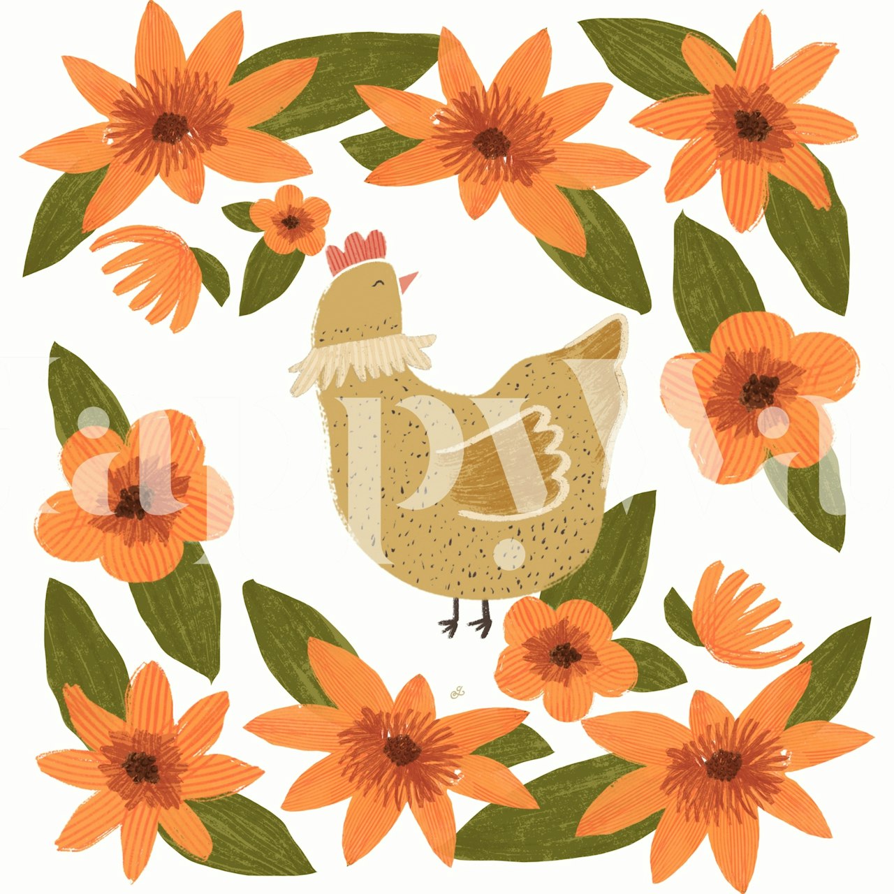 Chicken and orange flowers on white background wallpaper