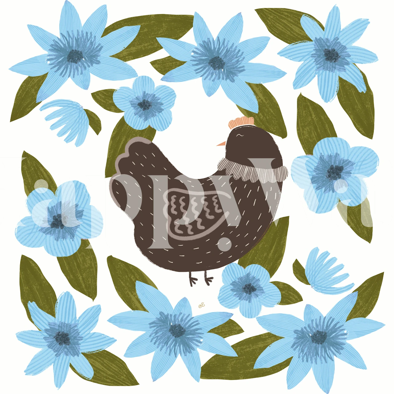 Blue Floral Chicken Delight wallpaper on display