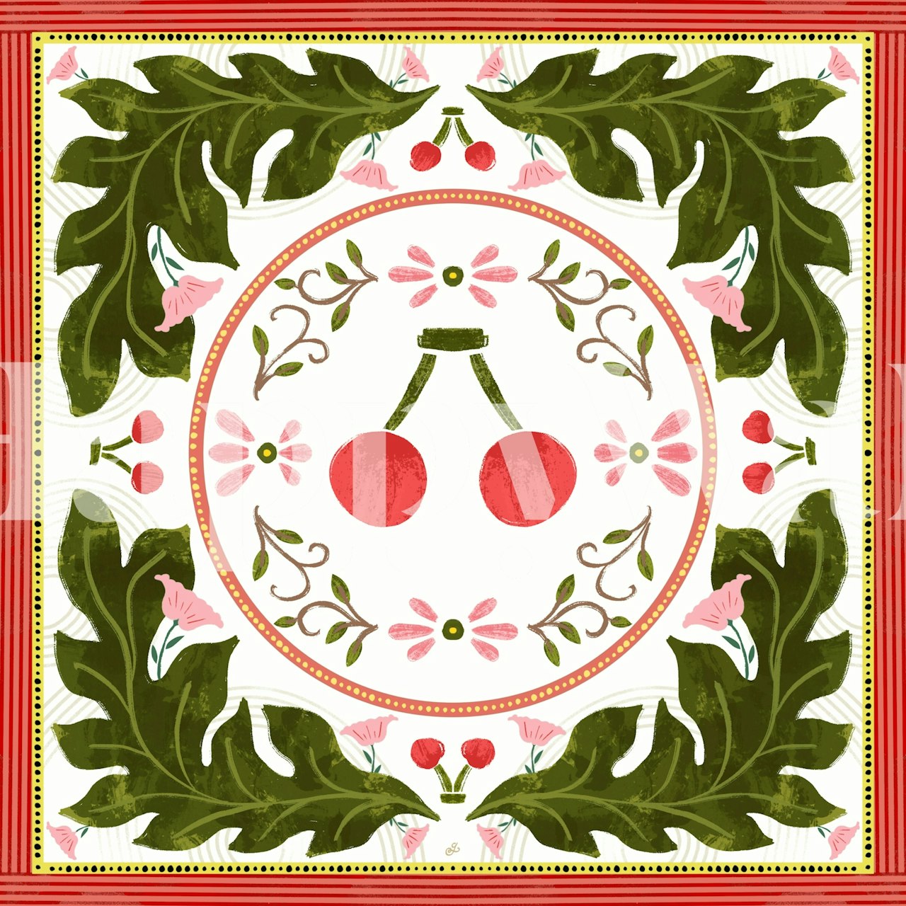 Cherry blossoms and leaves illustration in pink, red, and green colors floral wallpaper