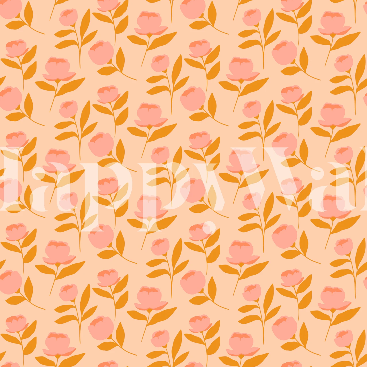 Pink flowers with green leaves on a peach background wallpaper
