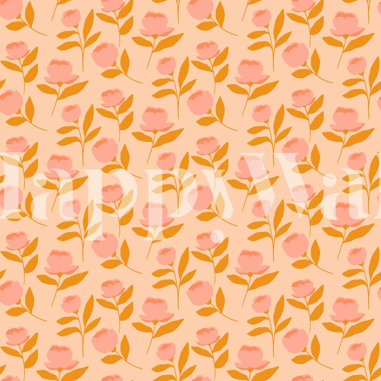 Pink flowers with green leaves on a peach background wallpaper