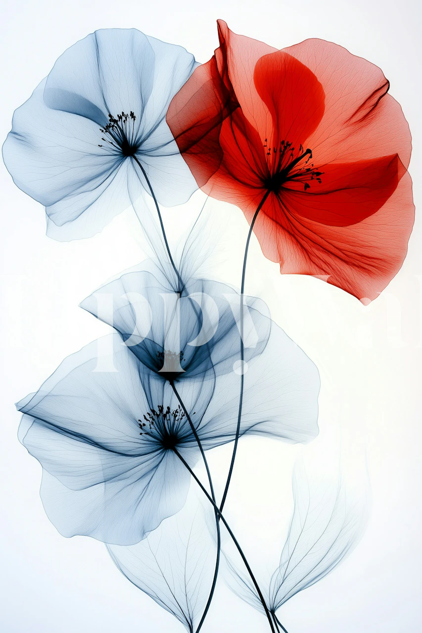 Translucent floral design with blue and red flowers wallpaper