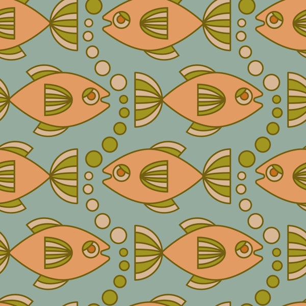 Art Deco Fish Bubbles Retro Blush Green Blue