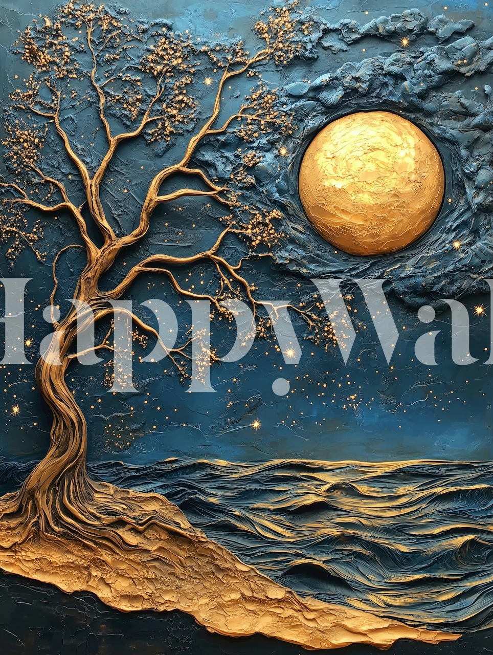 Tree against moonlit ocean waves, deep blue and bronze tones, artistic wallpaper