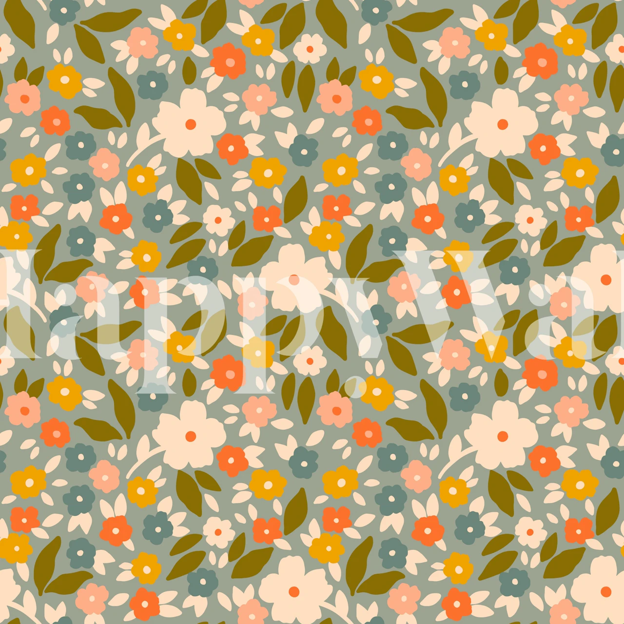 Multicolored floral patterns on a blue background wallpaper