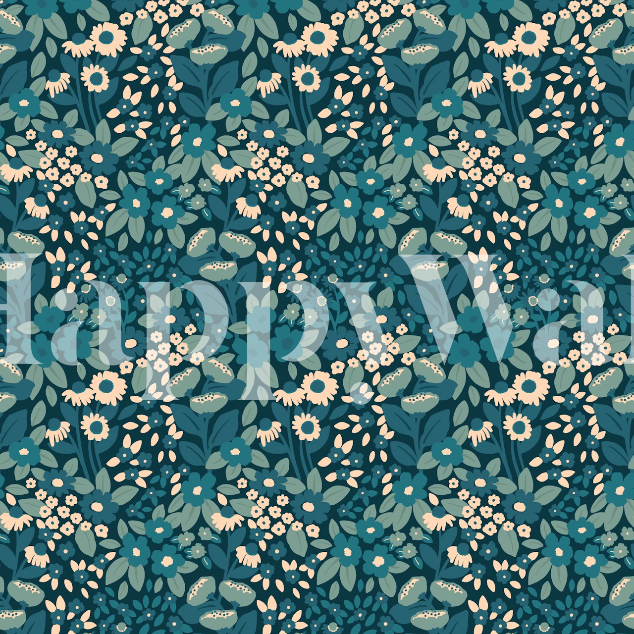 Floral pattern wallpaper with teal, green, and cream colors, botanical style.