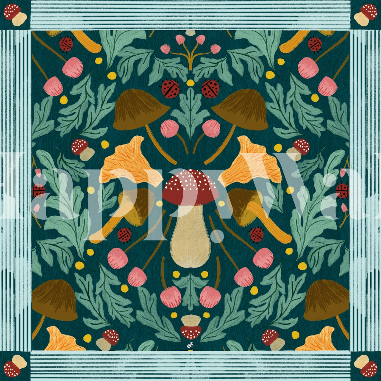 Colorful fungi and foliage pattern in rich greens and pinks wallpaper