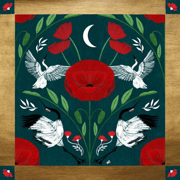 Cranes and Red Blooms