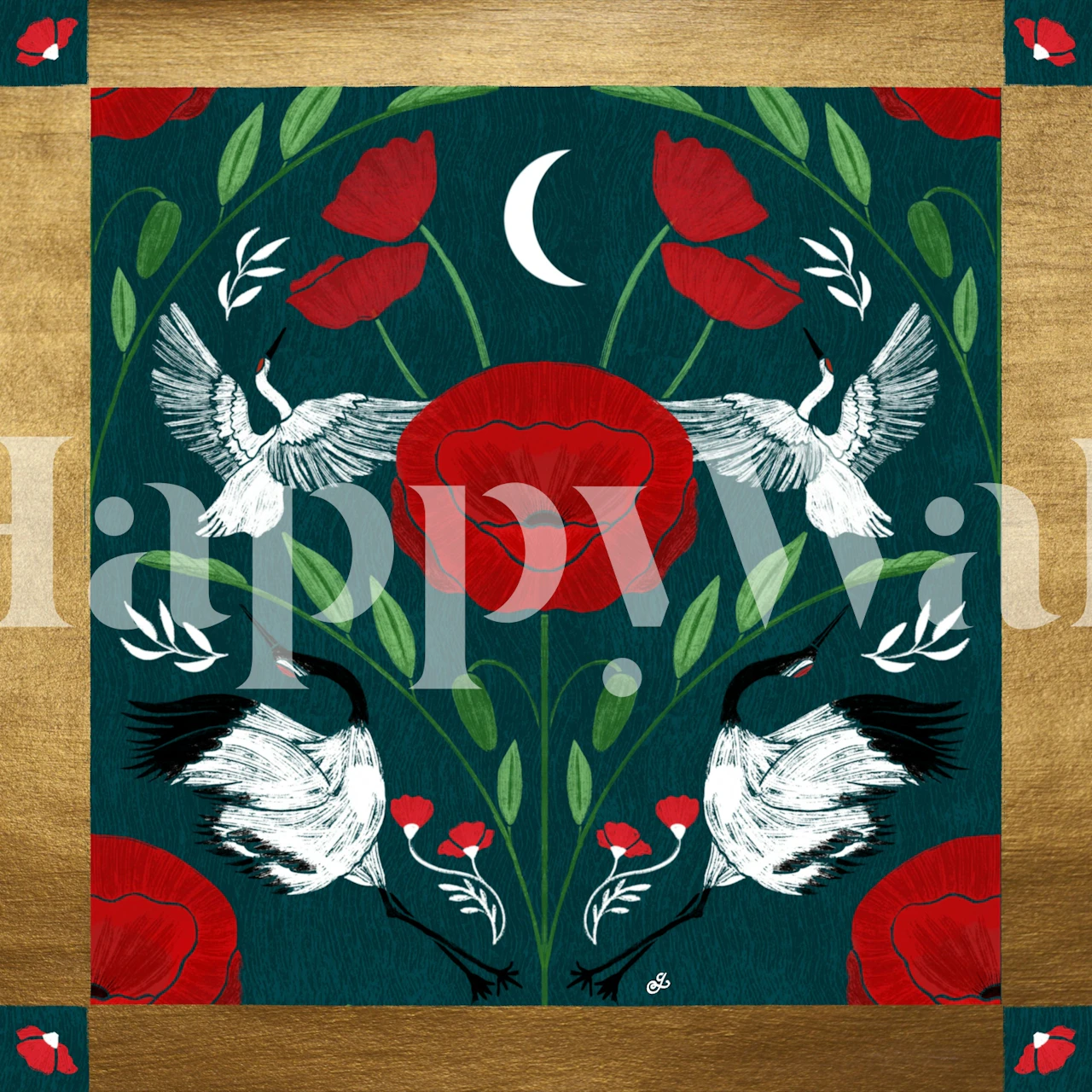 Cranes and red blooms wallpaper in a room