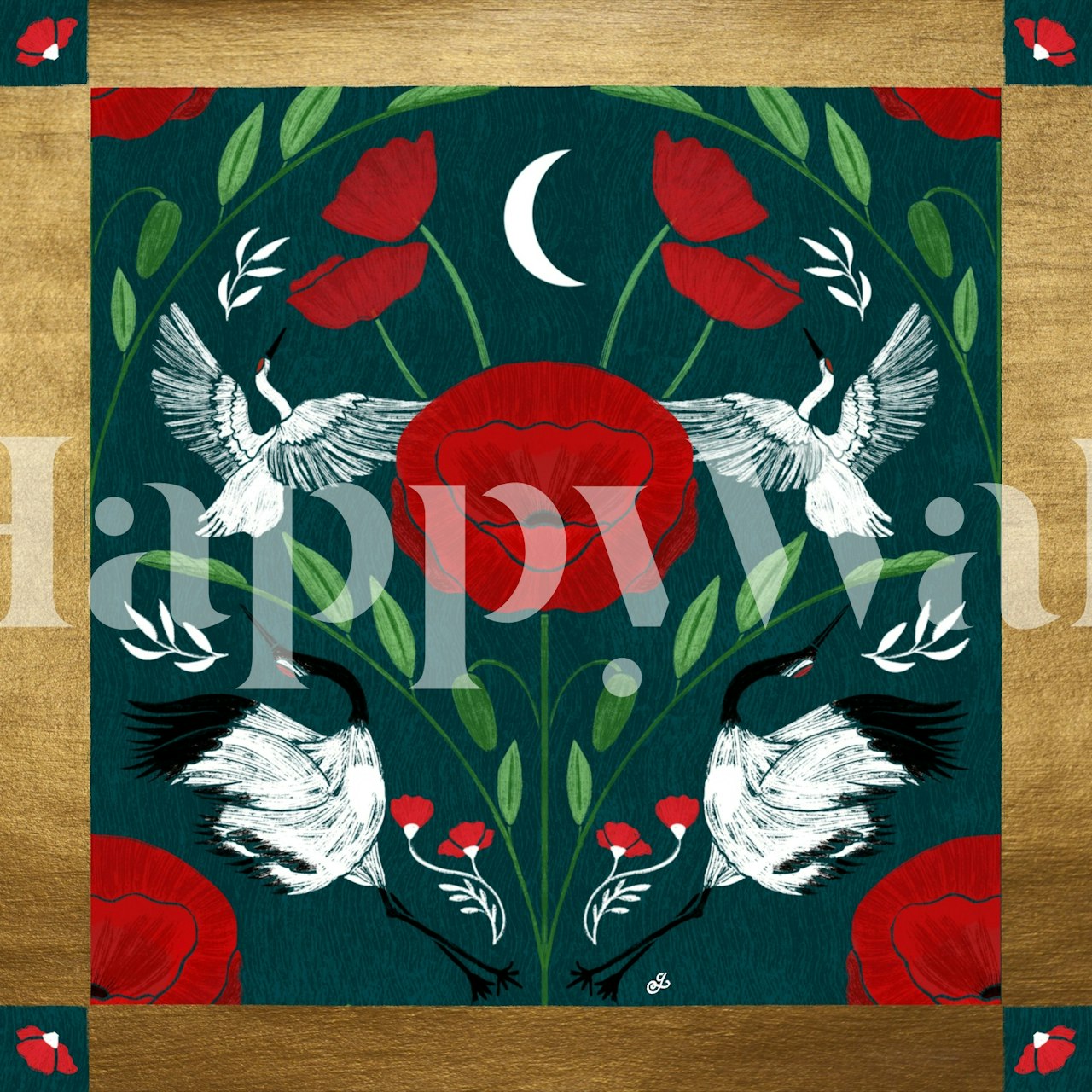 Cranes and red blooms wallpaper in a room