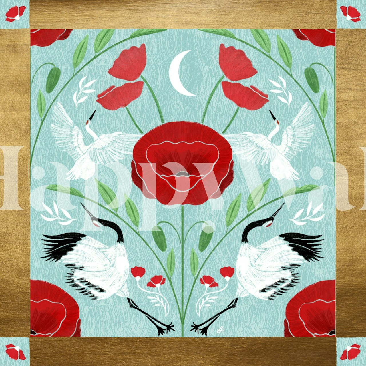 Cranes and red blooms on a light blue background wallpaper