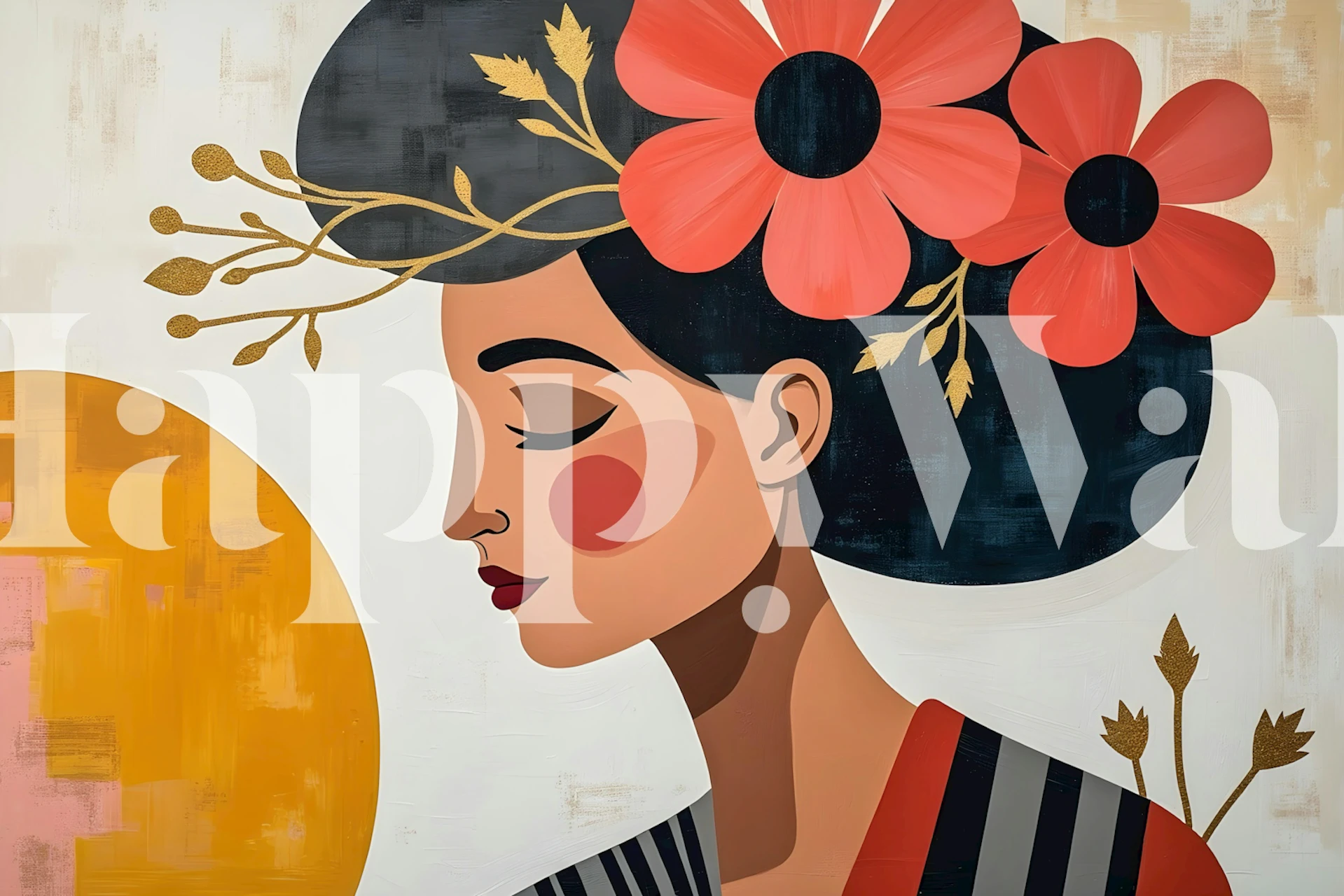 Woman with floral headdress, bold colors, modern wallpaper