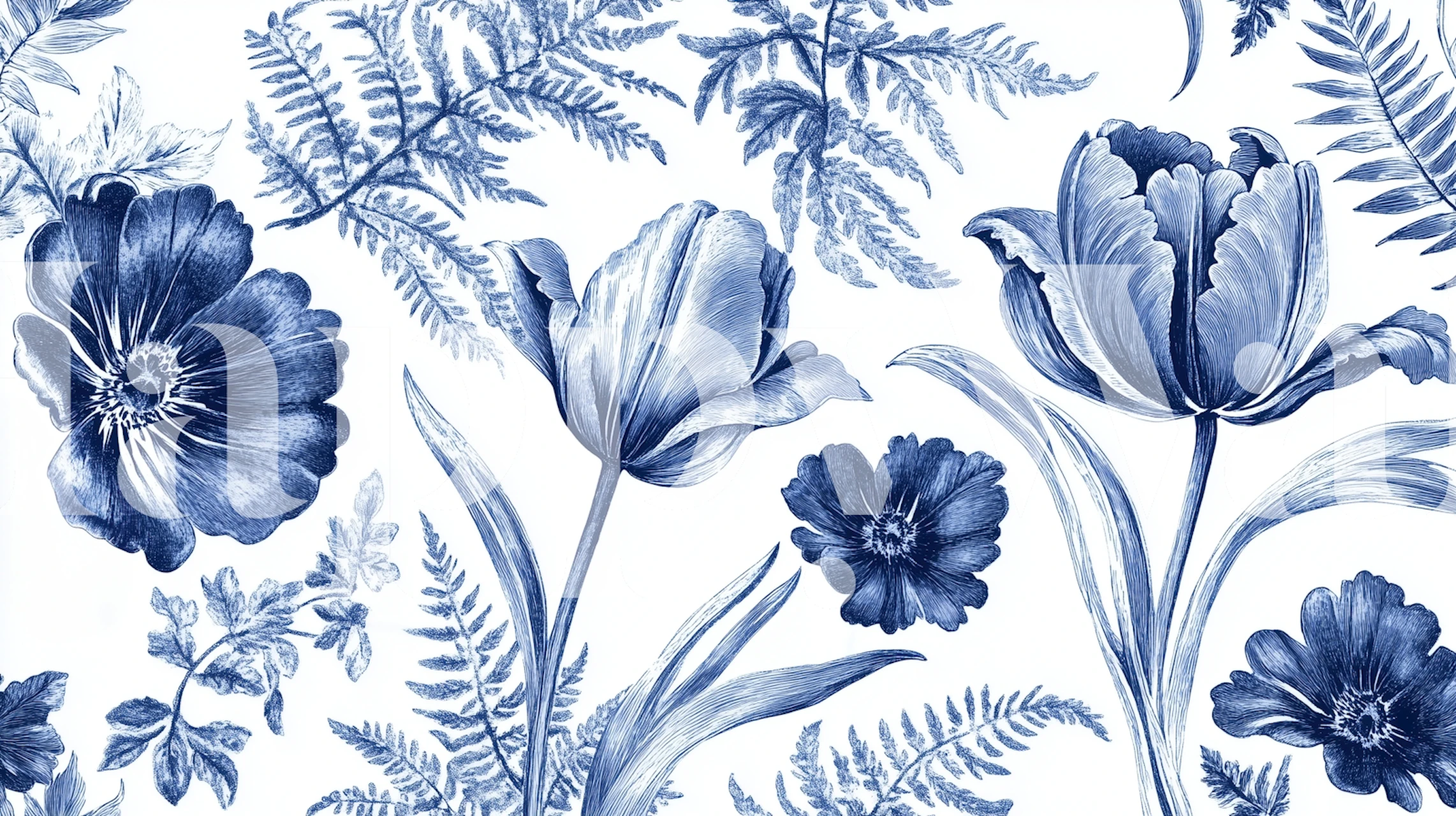 Papier peint Blue Ink Floral Pattern dans une pièce