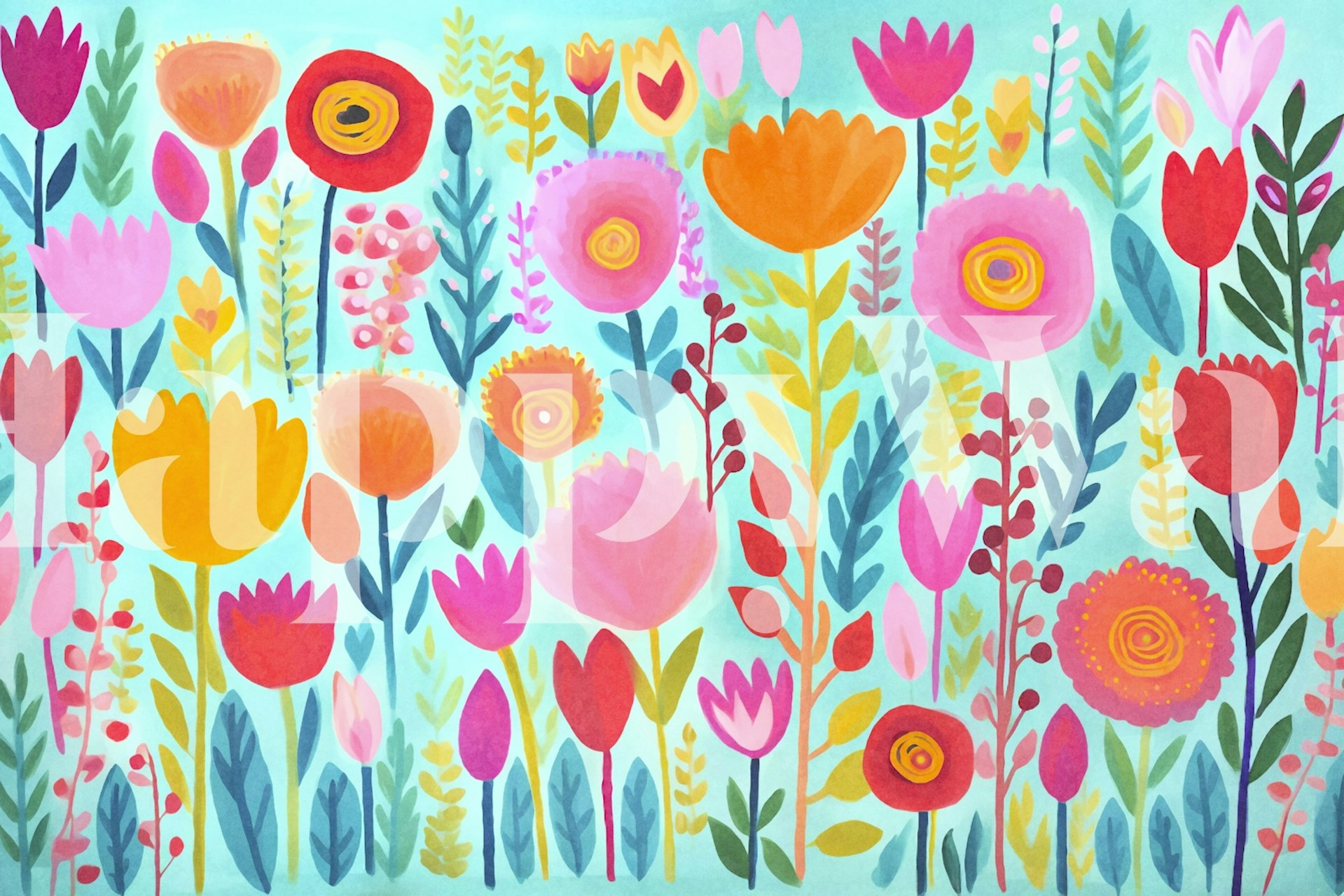 Colorful wildflower meadow wallpaper in a room