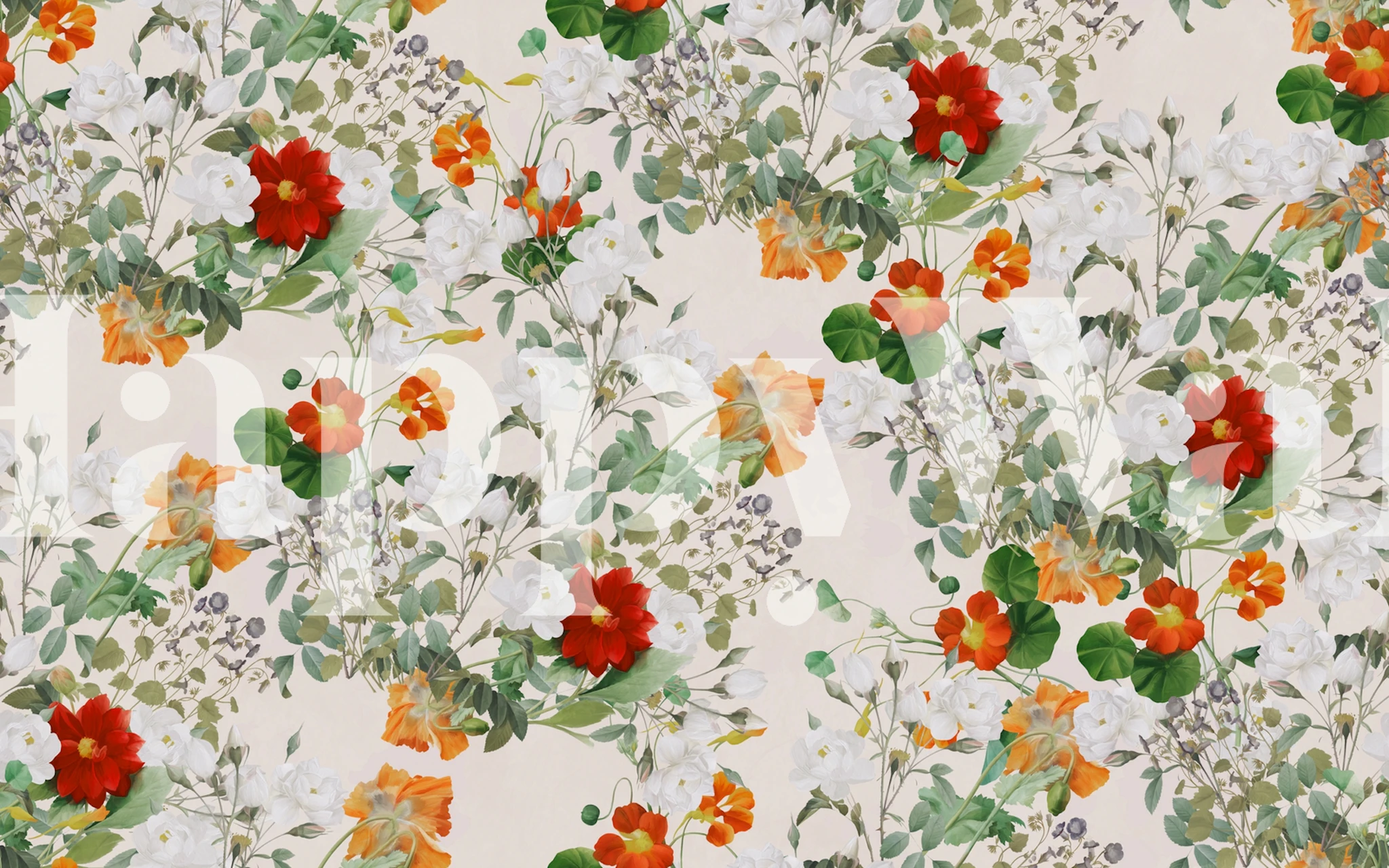Vintage floral wallpaper featuring white roses and greens