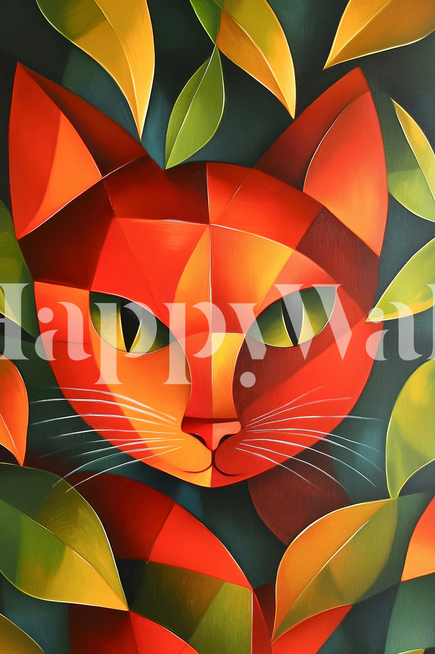 Cubist cat design with orange and green leaves wallpaper