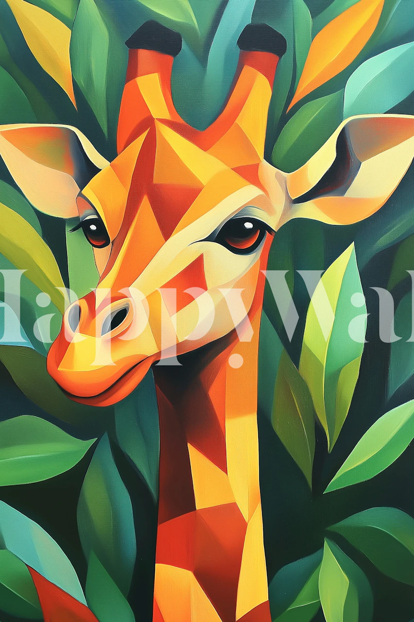Cubist style giraffe in vibrant orange and green colors wallpaper