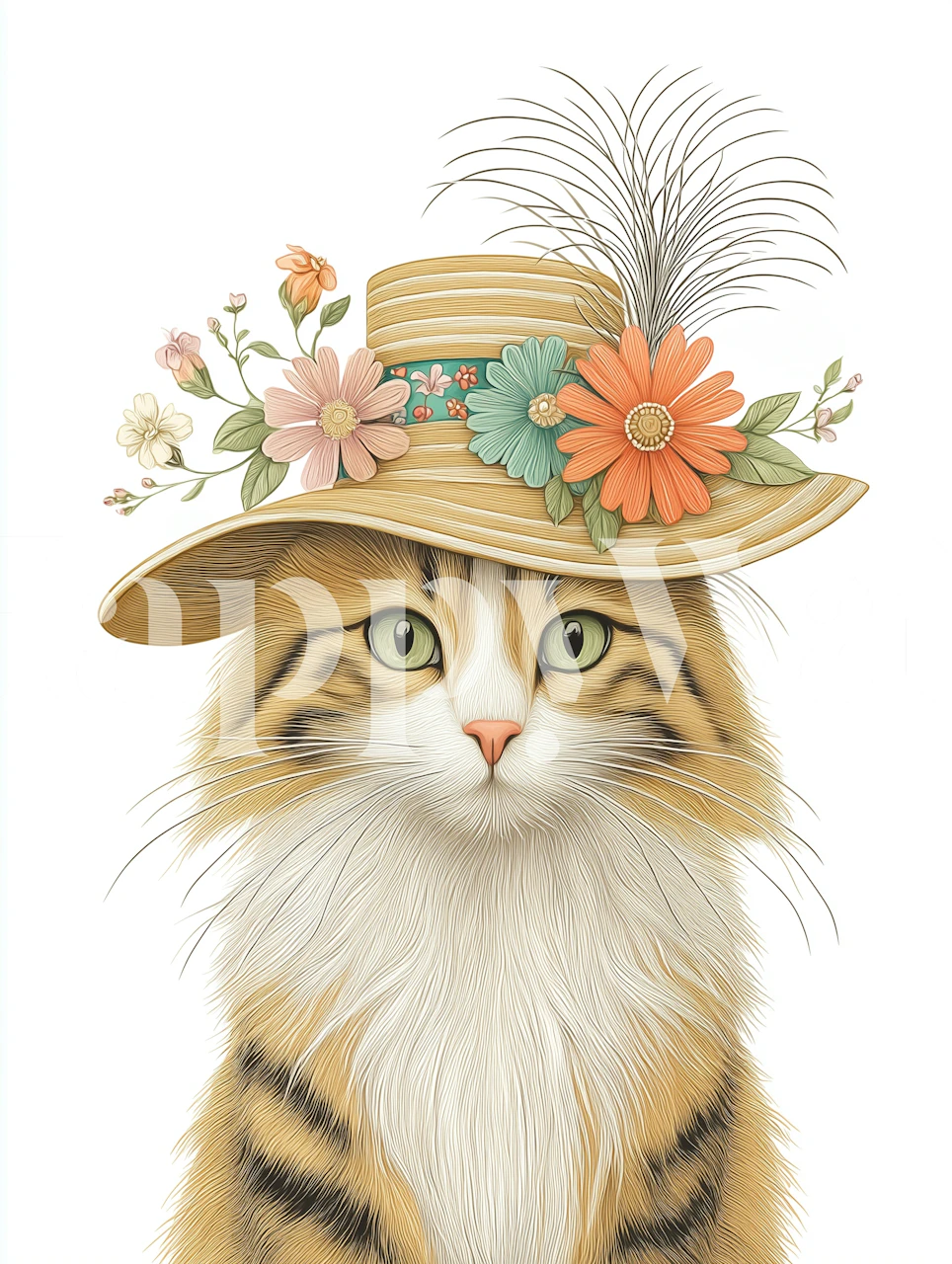 Illustration of a cat wearing a large floral hat, colorful design wallpaper