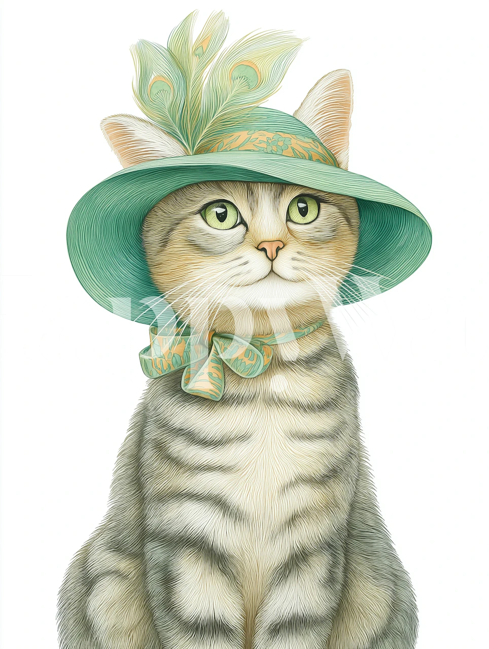 Stylish cat in a green hat wallpaper design