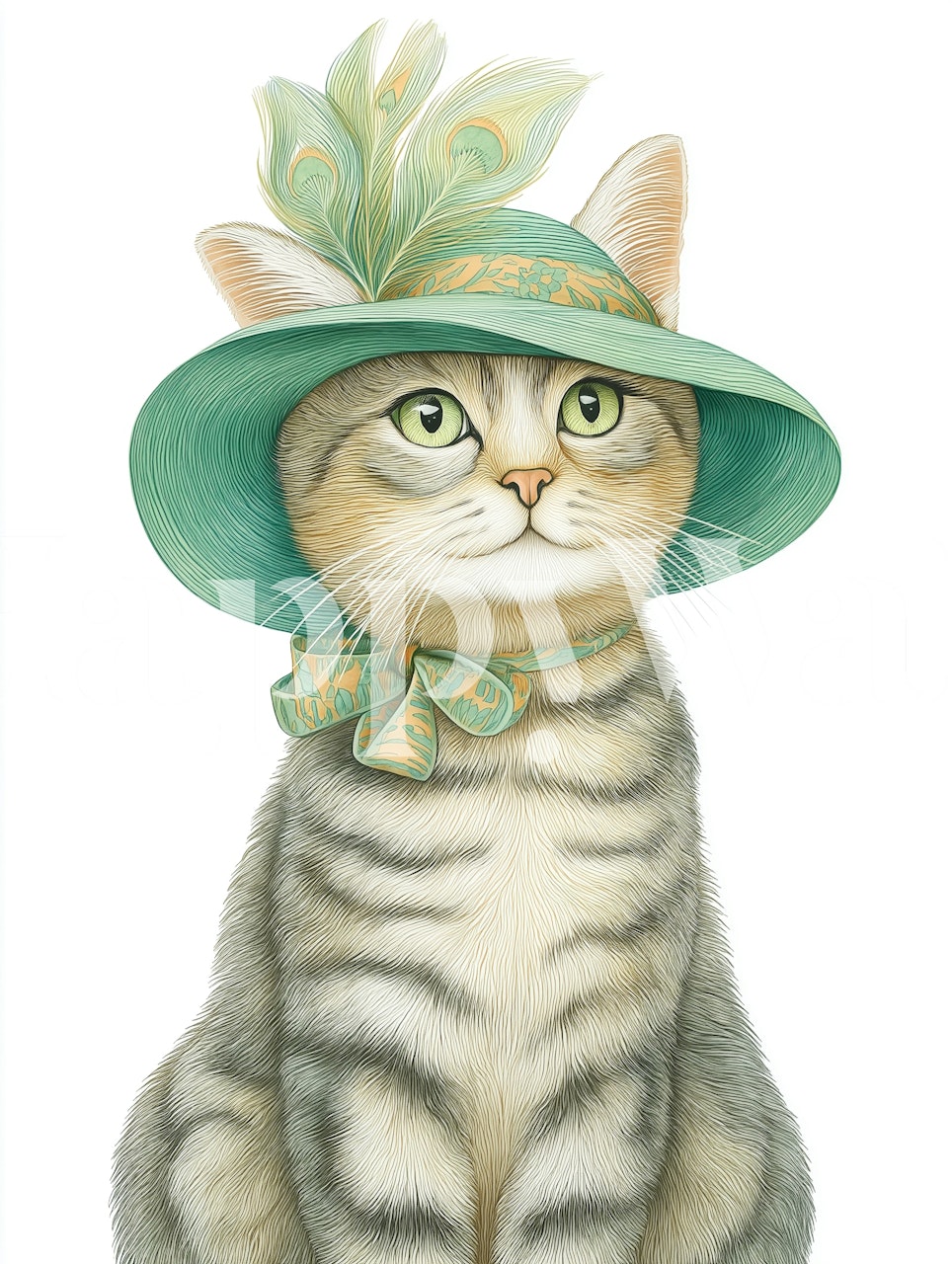 Stylish cat in a green hat wallpaper design