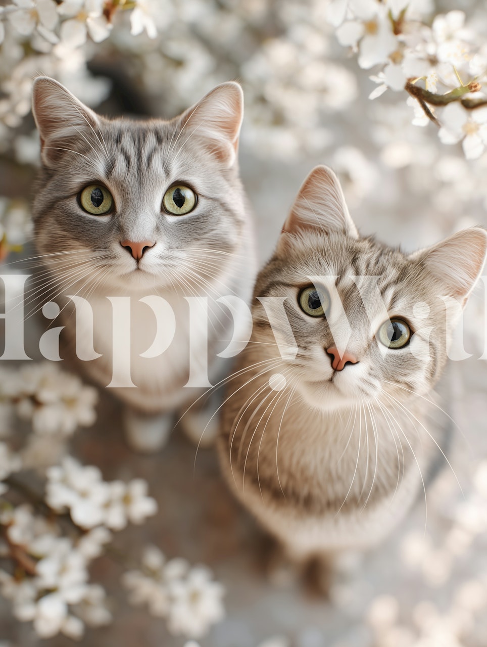 Two cats among white blossoms floral wallpaper