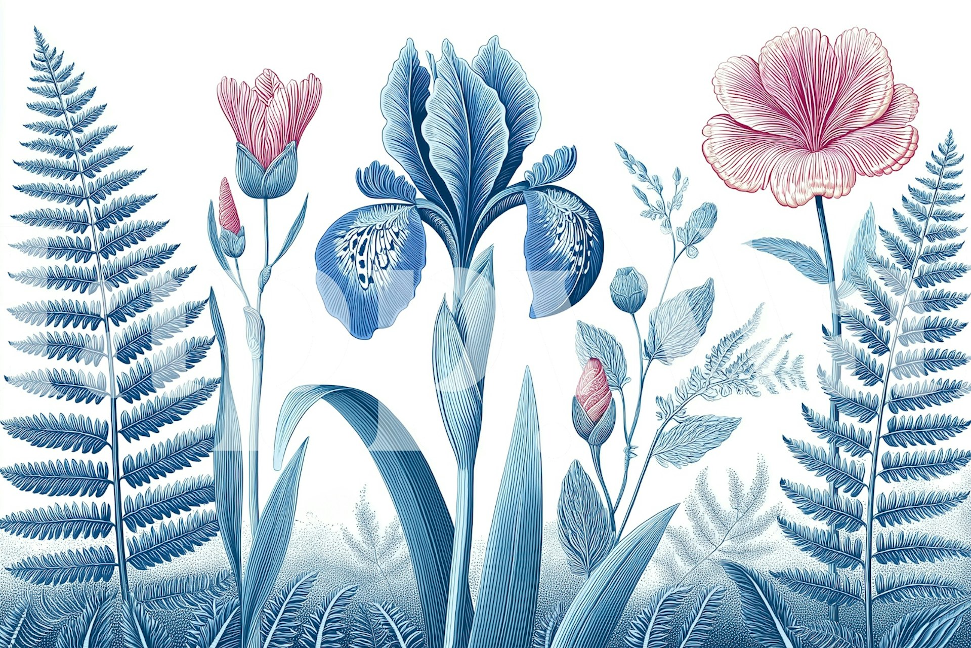 Blue and pink floral design on white background wallpaper