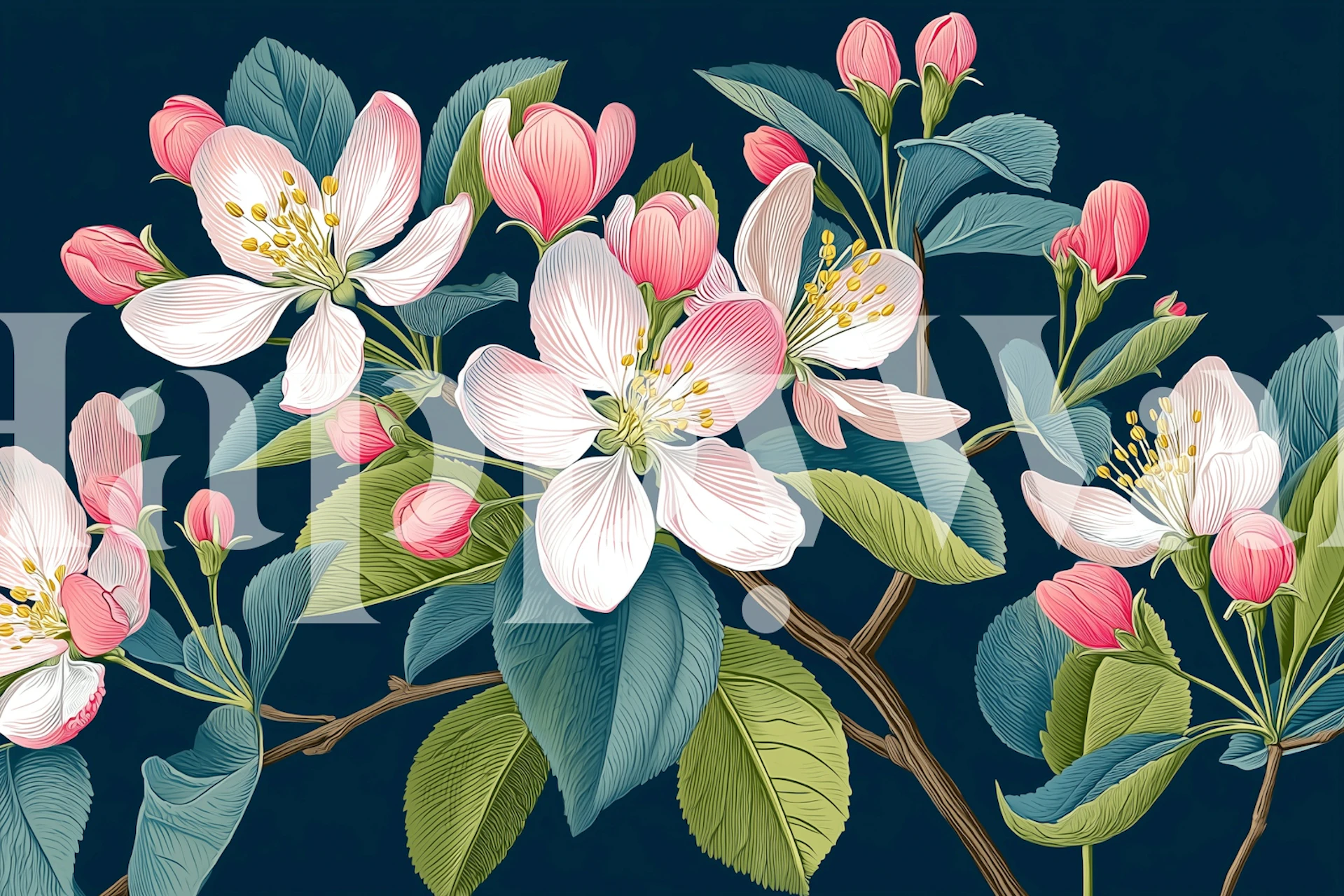 Pink blossoms and green leaves on dark background wallpaper