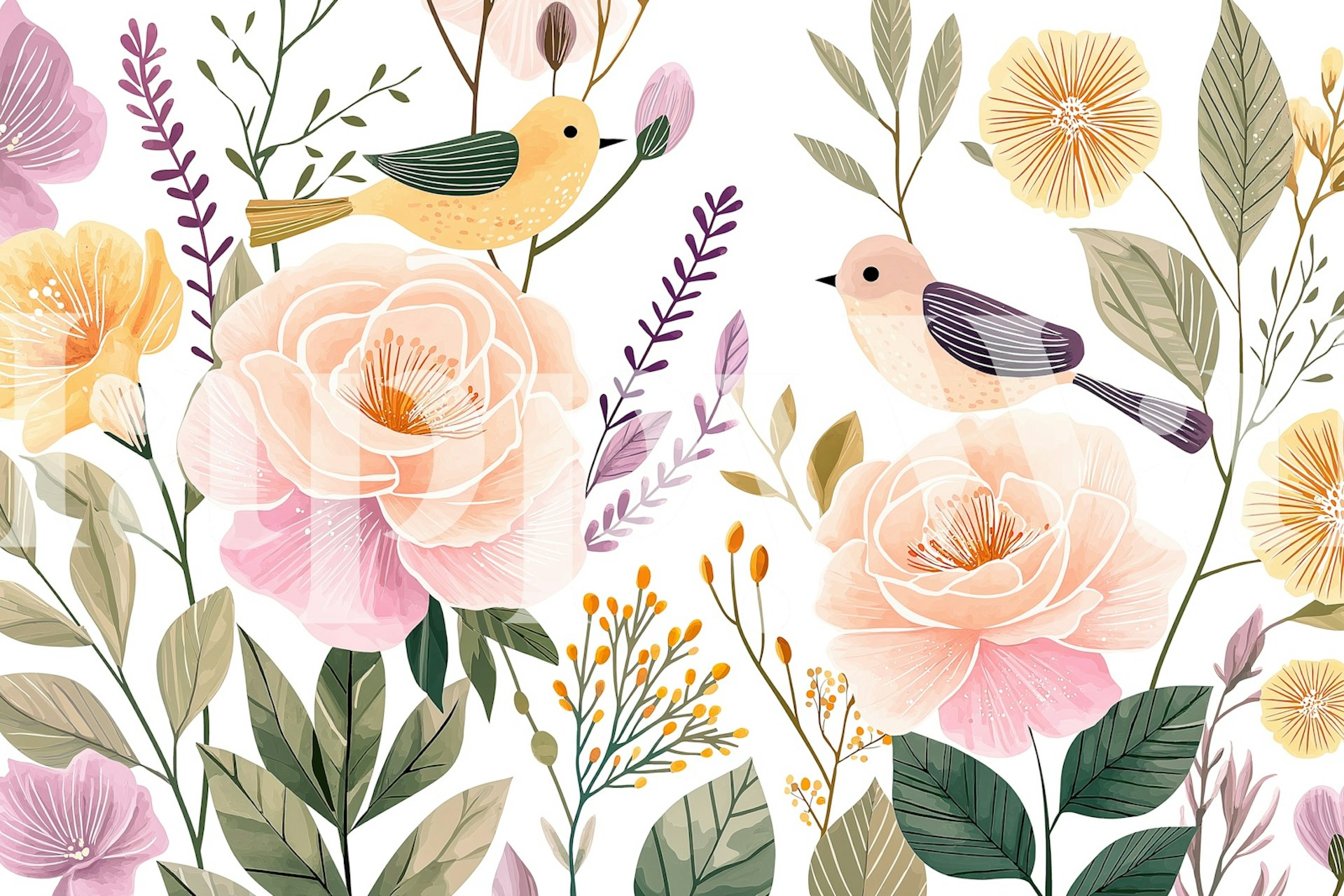 Pink floral wallpaper with yellow and brown birds, botanical design.