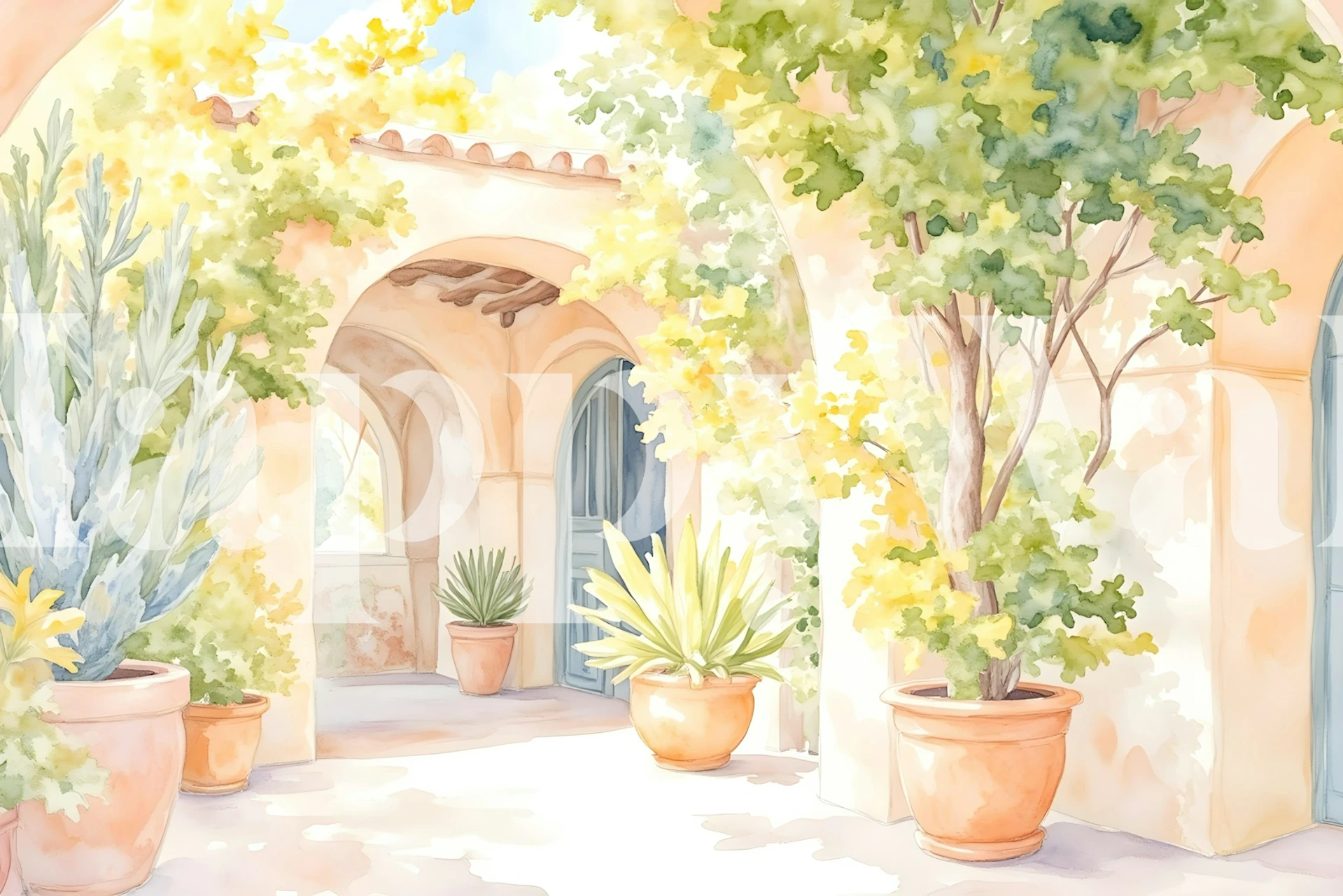 Floral garden scene in soft yellows and greens wallpaper