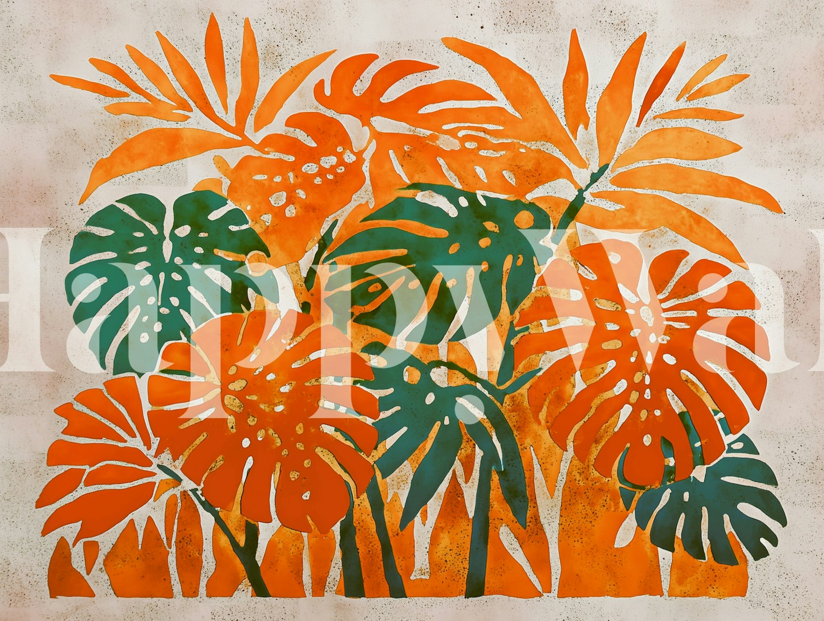 Tropical green and orange leaves on textured background wallpaper