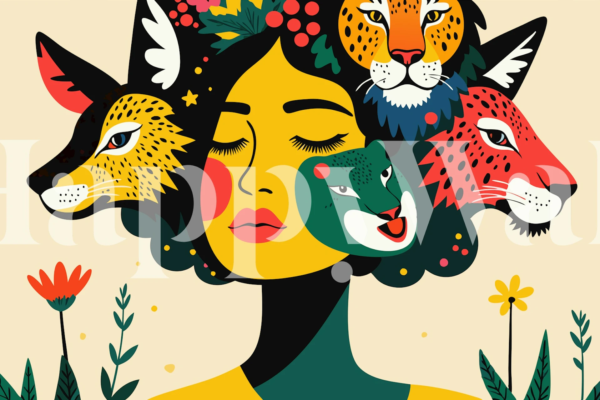 Colorful wallpaper featuring a woman with animal faces and flowers in vibrant colors