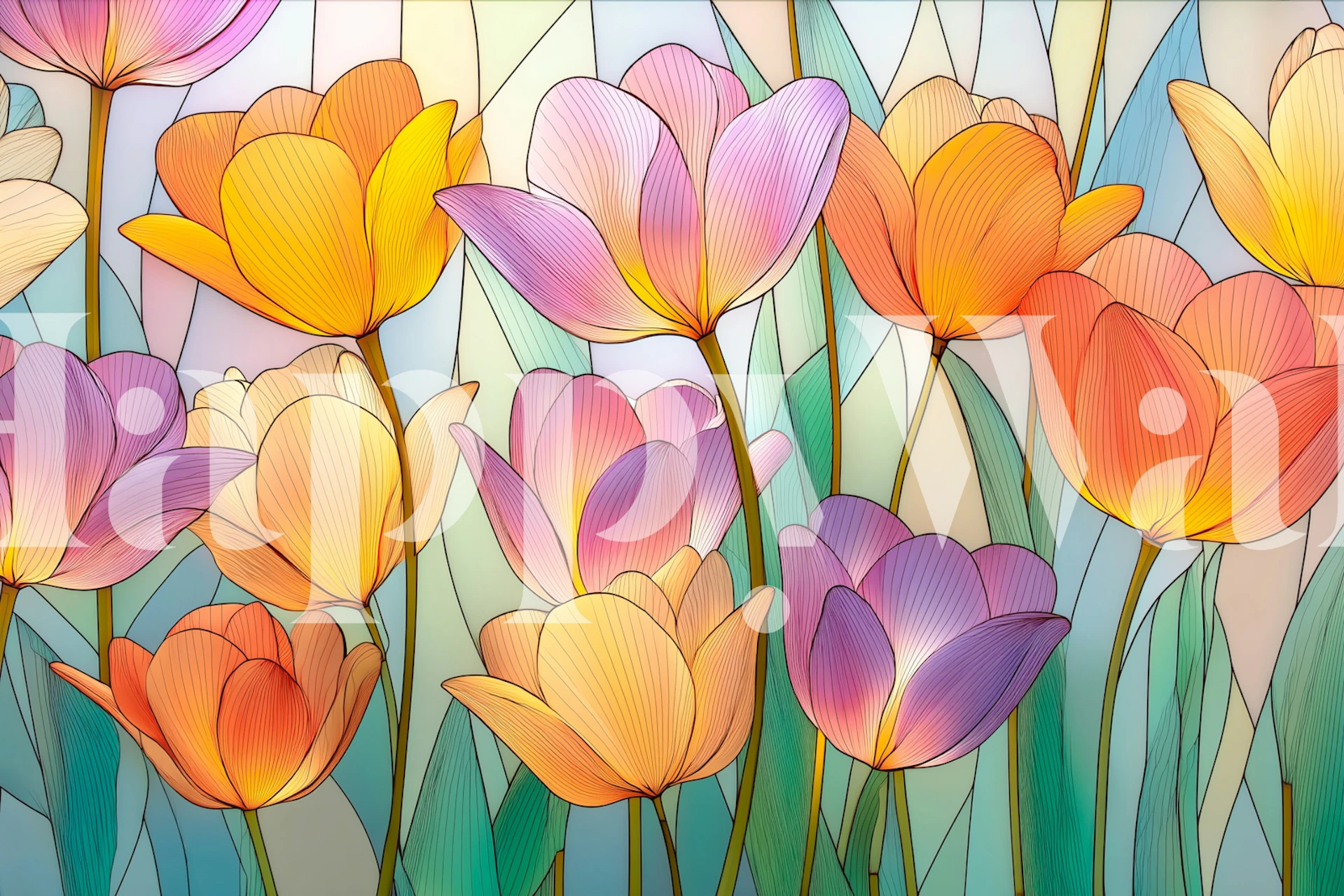 Colorful tulip flowers in stained-glass style wallpaper