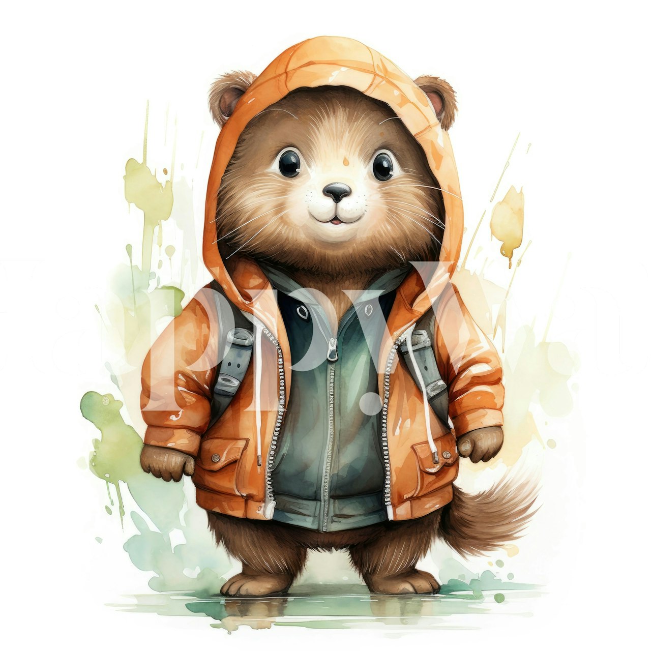 Watercolor Cartoon Beaver in a Hoodie ταπετσαρία
