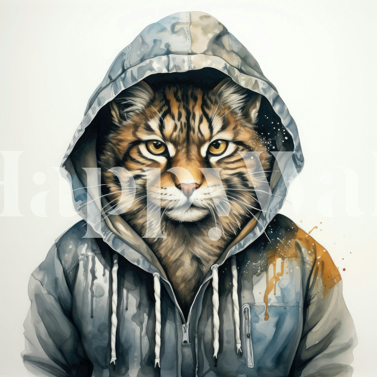Cartoon lynx wearing a hoodie in watercolor style wallpaper