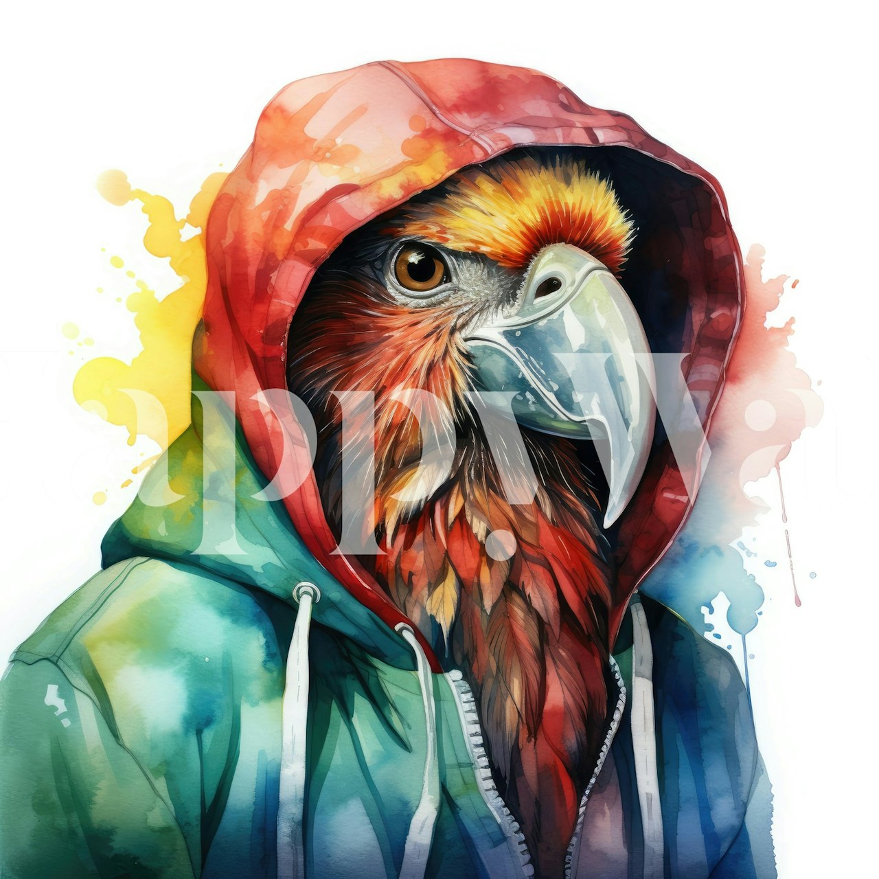 Watercolor Cartoon Parrot in a Hoodie ταπετσαρία